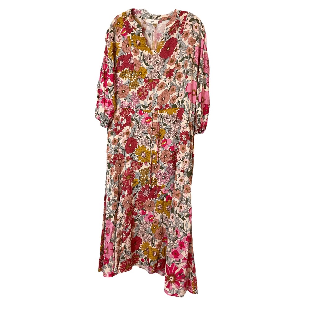 Floral Print Maxi Dress Long Sleeve V Neck Bohemian Cottagecore Style
